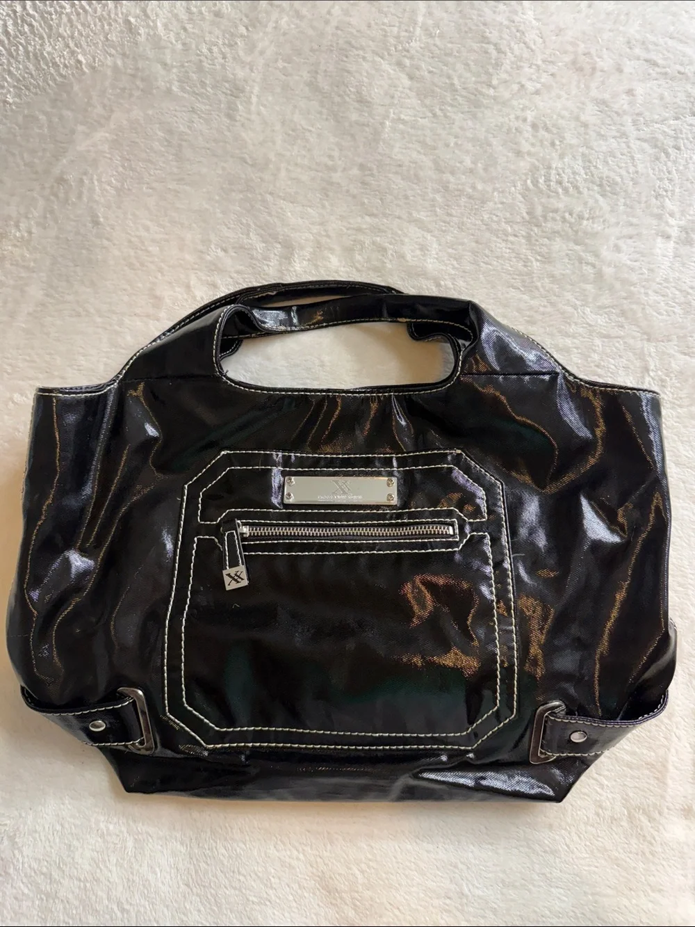 Maxx New York Black Patent PVC Tote Shoulder Bag White Contrast Stitch Y2K